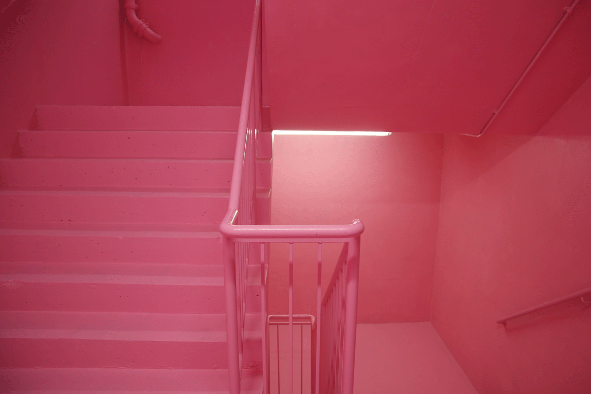 ID: a cross-section of a stairwell with steps going up on the left hand side and steps going down on the right hand side. All the surfaces, including hand rails, are painted in a vivid bubblegum pink.