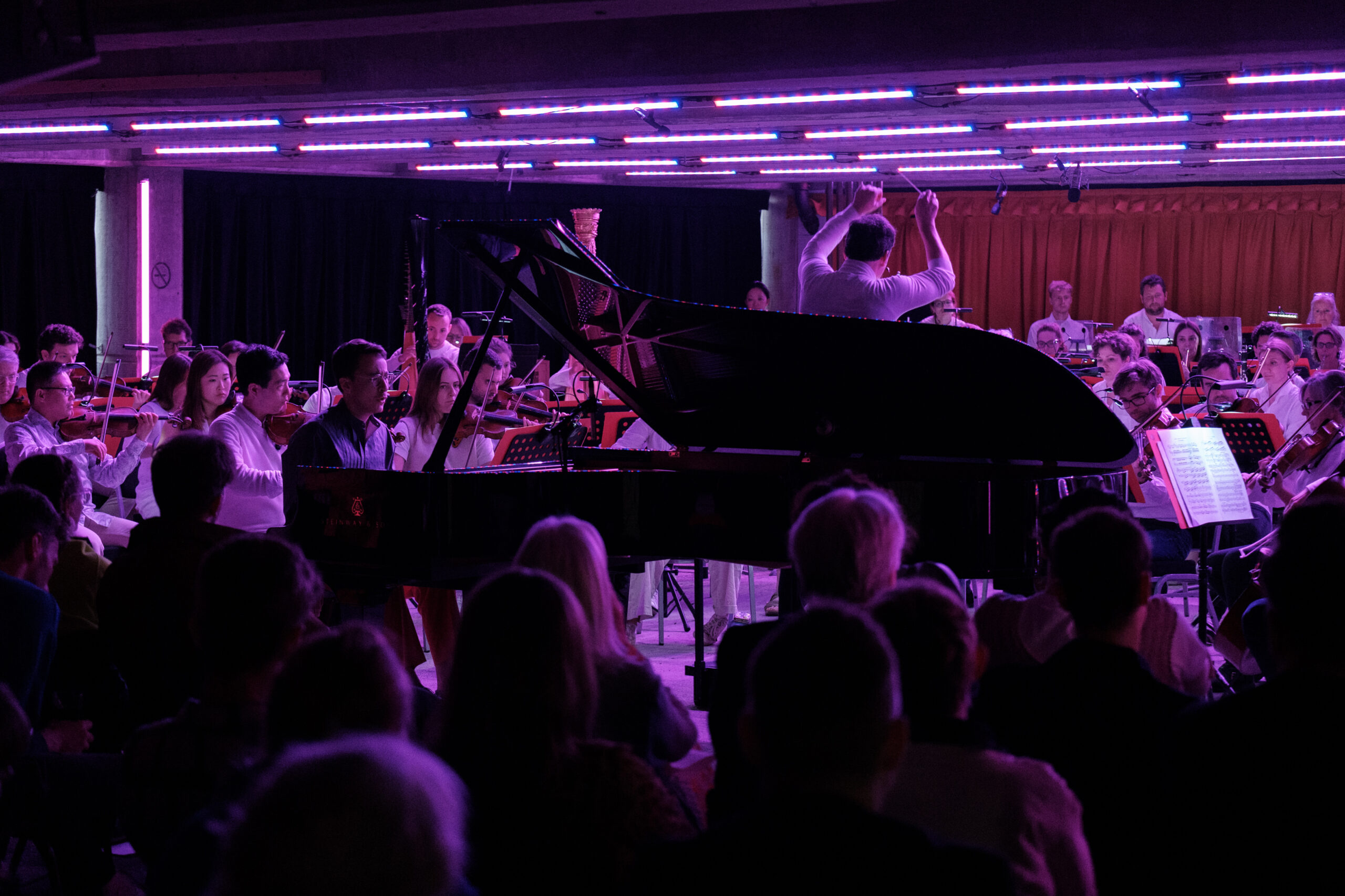 ID: a focused pianist and orchestra are seen next to the back of an active conductor. They are set against a concrete surround with a golden-brown curtain behind them and a lines of warm purple lighting on the ceiling. The back of the first line of audience members are seen in the foreground, looking on.